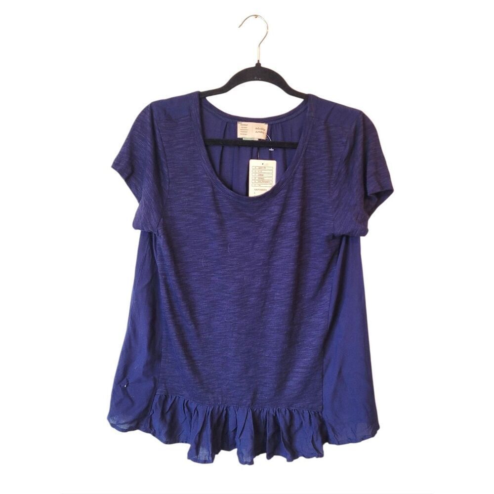 Saturday/Sunday Anthro Women’s Blue Ruffle-Hem Short Sleeve Top Size L NWT